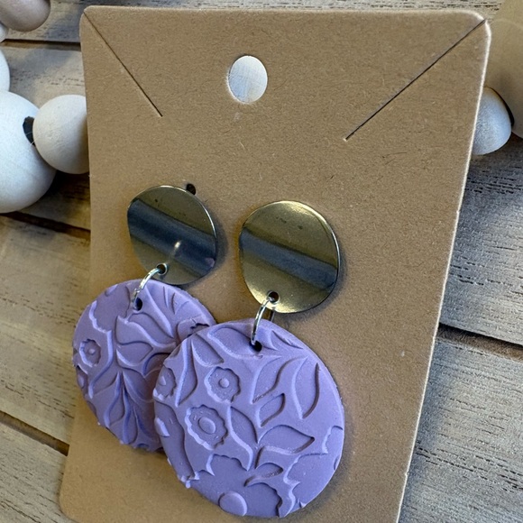 Lavender Floral Embossed Earrings with Silver Studs | Handmade Statement Jewelry - Picture 5 of 7